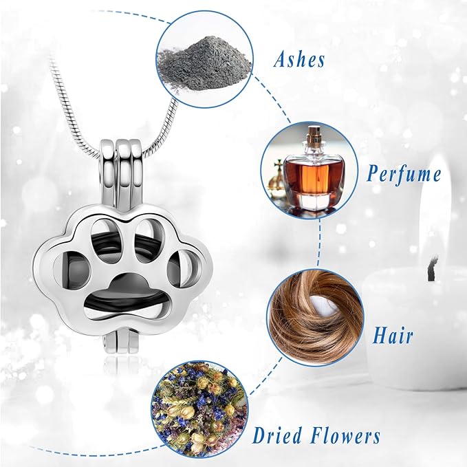 Pet Cremation Jewelry for Ashes Paw Memorial Locket Urn Necklace Keepsake Cremation Jewelry for Dog/Cat (Silver-Black)