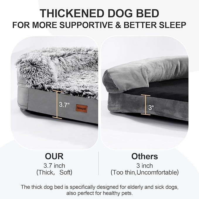 Fluffy 3.7 inch Thickened Orthopedic Dog Beds for Large Dogs, Supportive Dog Sofa Bed with 28D Egg-Crate Foam, Removable Washable Plush Cover, Waterproof Lining, Cozy Oval Design, Grey