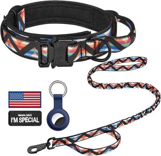 DAGANXI Tactical Dog Collar, Adjustable Military Training Nylon Dog Collar with Control Handle and Heavy Metal Buckle for Medium and Large Dogs, with Patches & Airtags Case (XL, Colorful Triangle-Set)