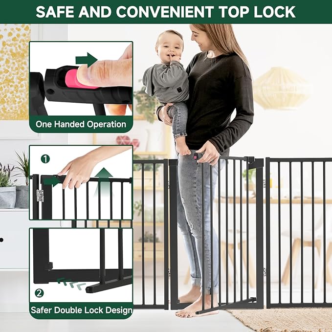 Snagle Paw Full Metal Freestanding Dog Gate with Door, 120” W x 32” H Pet Gate with Support Feet for Doorways, Stairs and Hallways, Portable Dog Fence for Indoor Use (32" 6 Panel, Black)