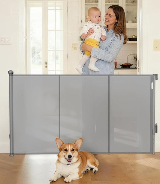 Reinforced Retractable Baby Gate, Extra 38" Tall, Extends up to 63" Wide, Hardwared Installation Mesh Gate for Stairs, Dog Gate, Child Pet Gate for Stairs, Doorways, Hallways, Indoo (Gray)