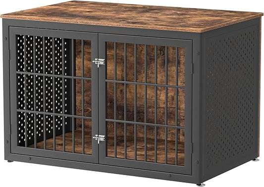 48" Rustic Heavy Duty Dog Crate Furniture for Extra Large Dogs, Metal Kennel for High Anxiety Dogs, Wooden Cage Furniture Indoor, Decorative Dog Kennel End Table, XL