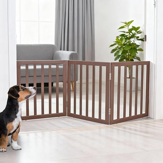 ZJSF Freestanding Indoor Dog Gate for House Foldable Wood Brown Puppy Gate for Doorways Pet Gate for Stairs Extra Wide Pet Fence 24" Height 3 Panels