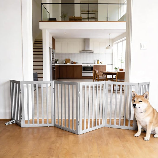 Dog Gate Indoor, Freestanding Dog Fence for The House, Doorways, Hallways,or Stairs,Pet Gate Foldable Wooden,Expandable 24" Height 6 Panels,Grey