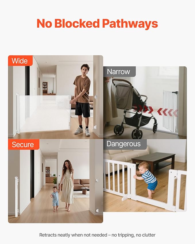 VEVOR Retractable Baby Gate, Extends to 57 inch Wide, 38.5 inch Tall, with Security Lock, Easy to Use, Walk Through Without Tripping, Mesh Dog Gate for Stairs, Hallways, Indoor/Outdoor, White