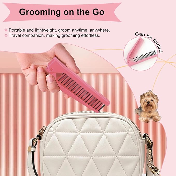 Folding Small Dog Grooming Brush - Perfect for Shih Tzus, Yorkies, and Maltipoos - Ideal Puppy Hair Brushes for Maltese and Small Breeds(Hot Pink）