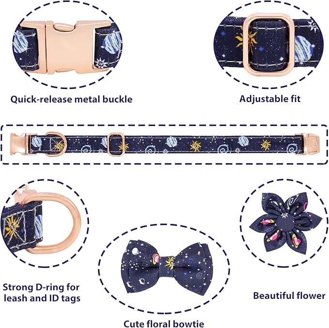 Dog Collar and Leash Set Adjustable Girls Puppy Floral Collars with Bow Tie for Small Medium Large Dogs(L, Blue Planet)