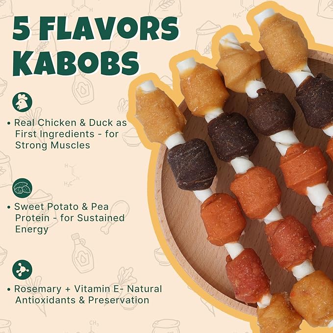 M-PETS Dog Treats, 5 Flavor Dogs Kabob Snacks Long Lasting Chews, Made with Real Chicken and Duck Jerky Meat 18pcs Rawhide Sticks