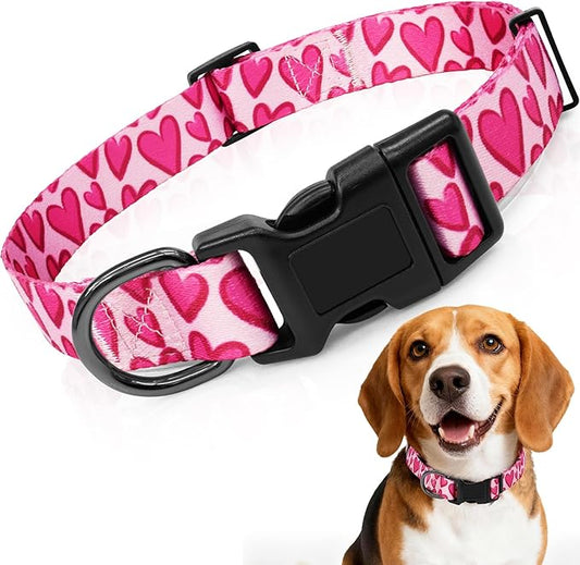 Kazazoo Dog Collar Cute and Soft Nylon Puppy Collar Girl, Adjustable Dog Collars for Small Medium Dogs, Hot Pink Heart-M