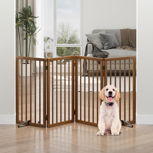 Dog Gates for Doorways, Tall Dog Gate Indoor, Foldable Pet Gates for Doorways Bedroom, Freestanding Puppy Gate with Metal Support Feet, Room Divider 4 Panels (Walnut)