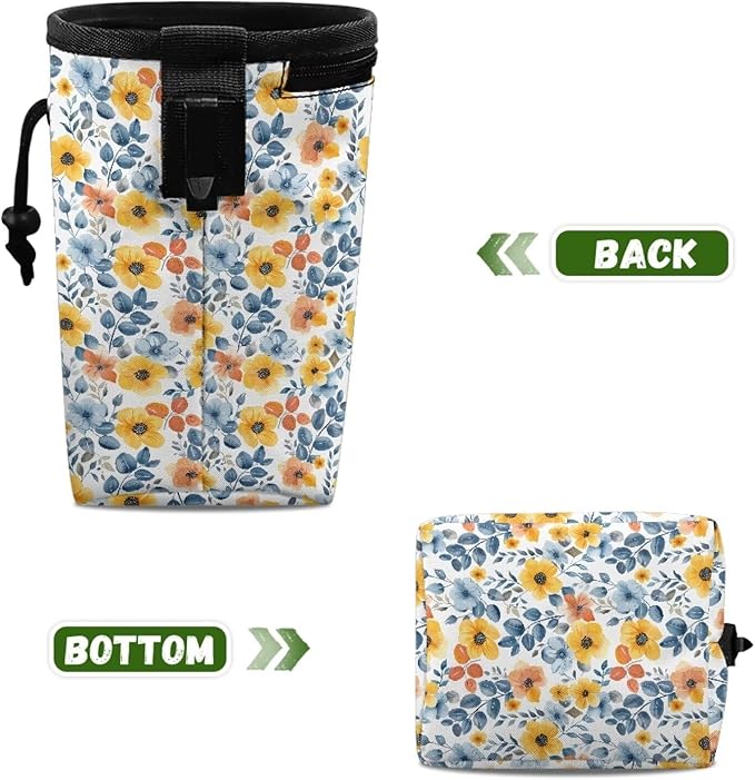 Colorful Floral Puppy Training Pouch 3 Ways to Wear, Hands-Free Design Dog Treat Pouch Pocket Sized Dog Training Treat Pouch Bag Dog Treat Carrier Holder with Waist Belt Shoulder Strap