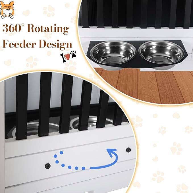 Dog Crate Furniture for Small and Medium Dogs, Decorative Wooden Dog Cage Indoor Pet House Side Table with 360° Swivel Feeder