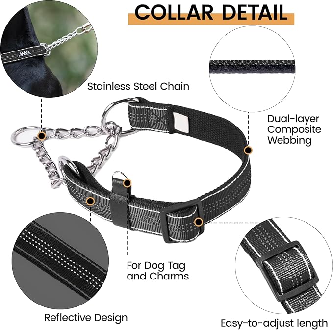 ANDA Martingale Collar for Dogs, Adjustable with Reflective Stainless Steel Chain, No-Pull Escape-Proof Training Collar for Medium and Large Breeds (Black, Medium)