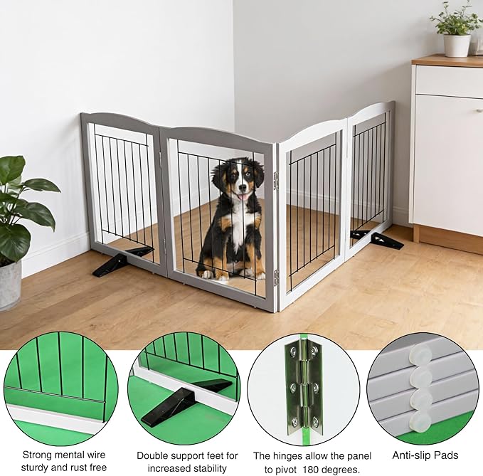 Dog Fence Indoor,Dog Gate Indoor for Doorway pet gate -4-Panel Freestanding, Hallways, House or Stairs -80x24-Inch Retractable Foldable Expandable Wood Pet by SFJC (Grey) ﻿
