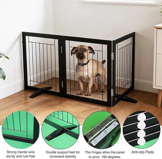 ZJSF Freestanding Dog Gate Indoor, Foldable Dog Fence for Doorways,Hallways or Stairs, Sturdy Wood Extra Wide Pet Gate with Support Feet,Black,32 "Height-3 Panels