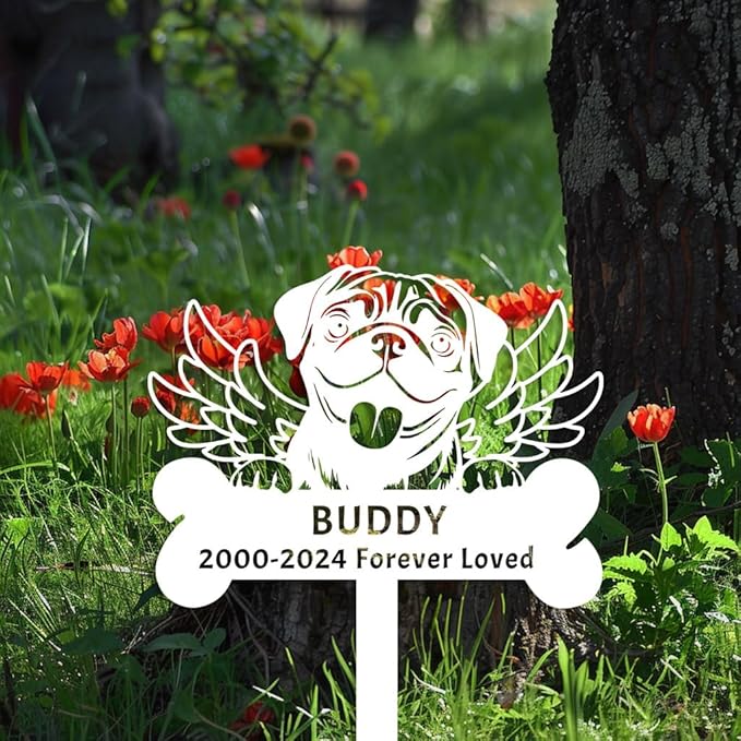 Personalized Pug Dog Memorial Stake, Custom Name Engraved Metal Sign, Wings Pet Memorial Gift, Customized Dog Tombstone Headstone Garden Decor, 8-24 Inches