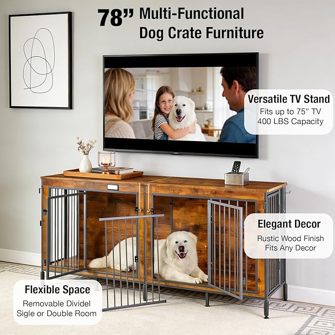 Extra Large 78" XXL Dog Crate Furniture with Removable Divider, 400LB Capacity Heavy Duty Kennel for 1-2 Dogs, Wooden Pet Cage with Flip-Top, Entertainment Center, Dog House TV Stand