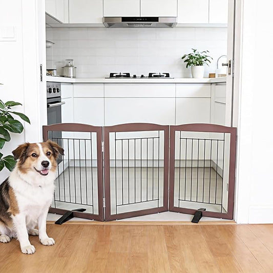 Dog Fence Indoor,Dog Gate Indoor for Doorway pet gate -3-Panel Freestanding, Hallways, House or Stairs -60x24-Inch Retractable Foldable Expandable Wood Pet by SFJC (Brown) ﻿