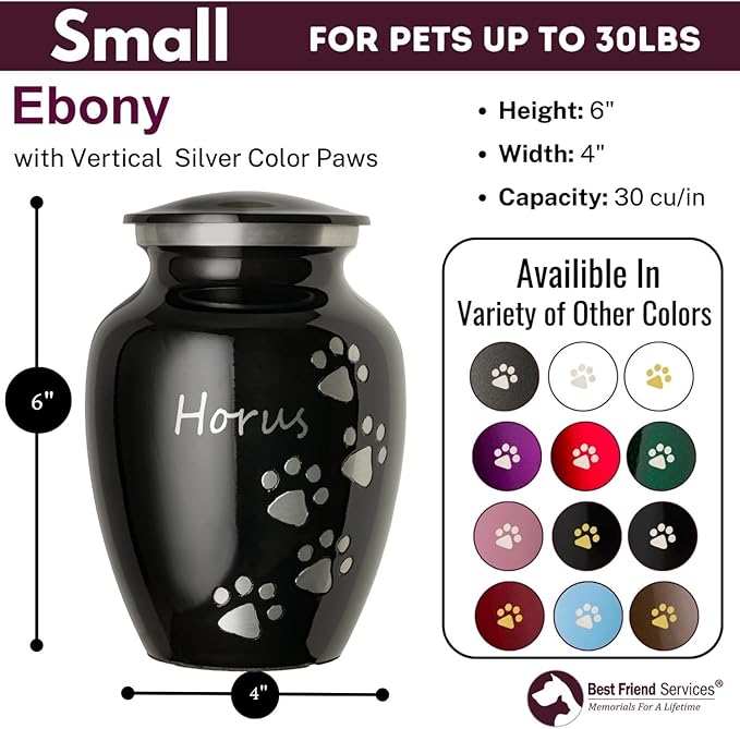 Ottillie Paws Premier Series Pet Urn for Dogs and Cats with Personalized Laser Engraving (Small - Pets up to 25 lbs, Ebony with Vertical Pewter Paws)