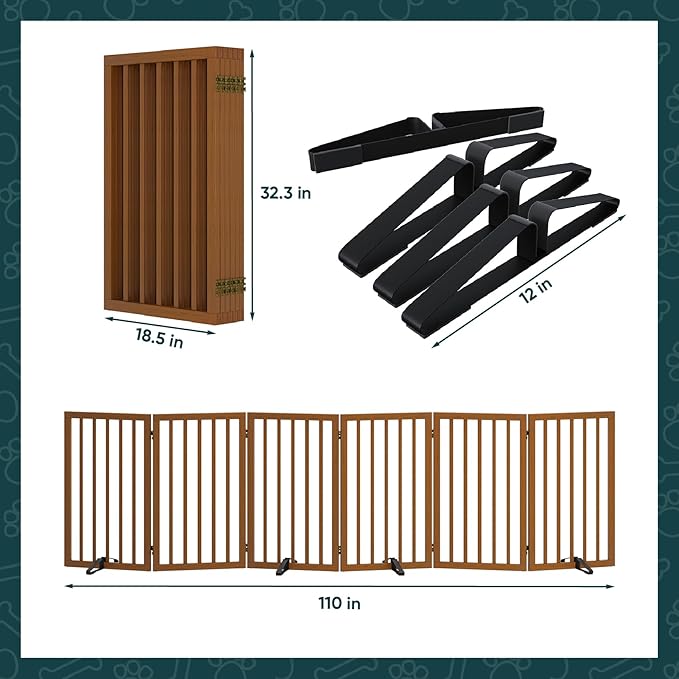 Freestanding Extra Wide Dog Gate Indoor, 6-Panel Wooden Pet Gate with 2 Metal Stands and 360°Hinge, Tall Dog Gates for Doorways, Stairs, Doorways, Kitchen, Foldable Safety Fence, 110"W x 32"H - Walnut