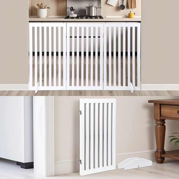 Freestanding Pet Dog Gate, 3-Panel/ 4-Panel Wooden Folding Fence for Hallway,Doorway,Hall,Stair,24 Inch Height Indoor Foldable Dog Fence