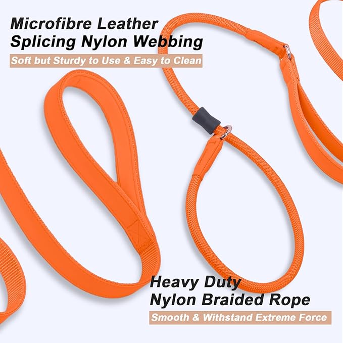 Slip Lead Dog Leash, Double Handle, Soft Leather & Nylon, 6ft Orange