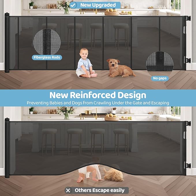 120 Inch Extra Wide Retractable Baby Gate for Large Opening, 33” Tall, Upgraded Dog Gate with Fiberglass Rods for Doorways, Indoor & Outdoor and Stairs, Black