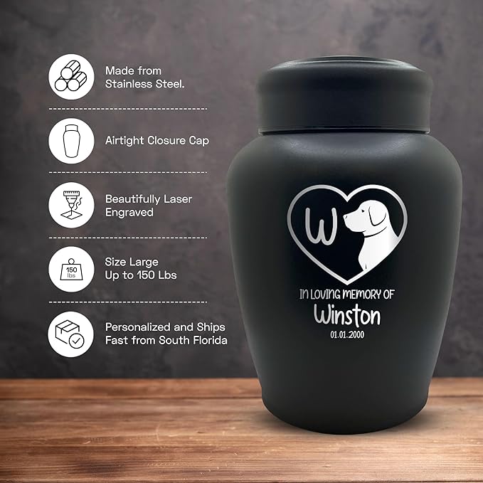 Personalized Custom Dog Urn Engraved Dog Name and Date - Stainless Steel Large Cremation urns for Dogs Ashes with Airtight Closure | up to 150 lbs Capacity | Initial in Heart