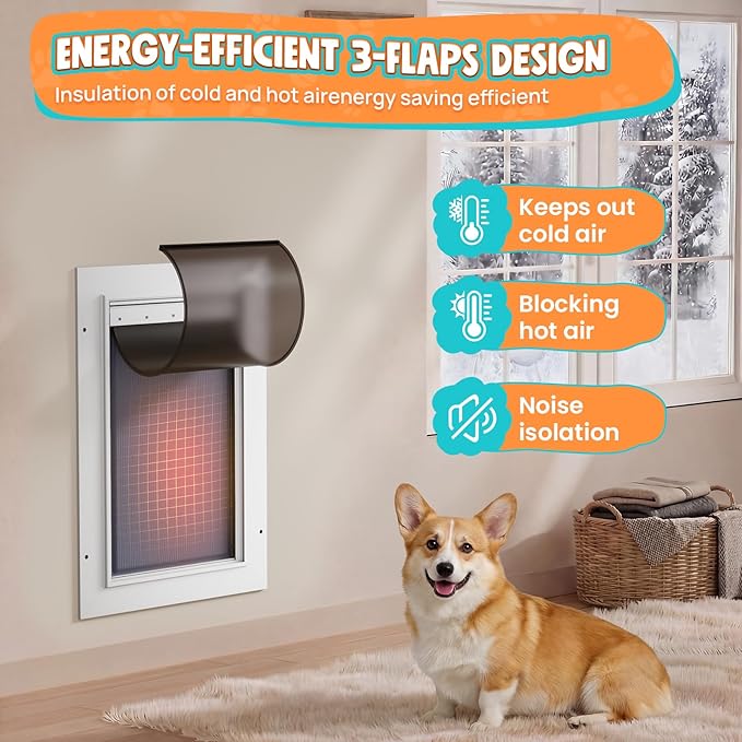 3-Flap Dog Door for Wall, Medium Doggy Door, All Aluminum Heavy Duty Pet Door, Extreme Weather Doggie Door for Interior Exterior Wall, with Insulation Flaps & Lockable Closing Panels, Pets Up to 45LB