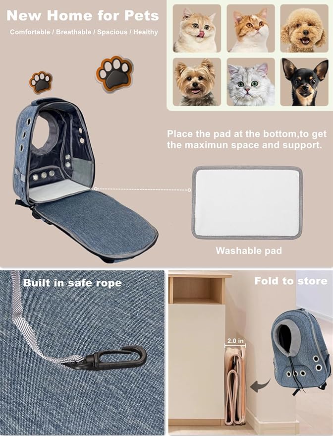 Pet Dog Backpack Carrier Small Doggy Front Backpack,Large Space Cat Carrier Backpack,Ventilated for Hiking,Camping,Travel,Suitable for Shopping and Vet,Max 12 lbs(Denim Blue)