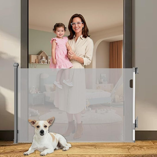 Retractable Baby Gate for Stairs Doorways - Extra Wide 55" No-Drill Pressure Mount OR Screw Mount, Space Saving Mesh Gate with No Bottom Bar Trip Hazard, for Indoor Outdoor Use with Kids, Dogs & Cats