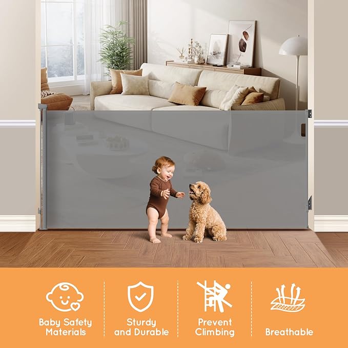 Retractable Baby Gate, 38" Extra Tall Mesh Baby Gate with Auto-Tension Design, 55" Wide One-Hand Operation Dog Gates for Doorways and Hallways, Safety Gate for Babies and Pets, Gray