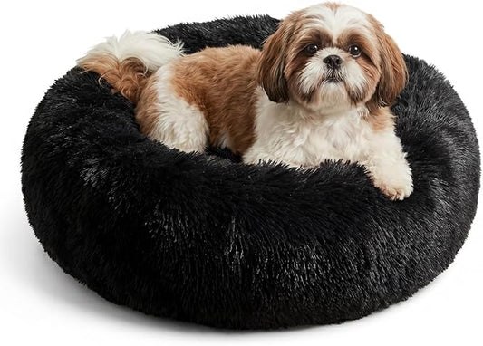 Calming Donut Dogs Beds for Small Dogs Washable,23inch Plush Round Pet Bed for Cozy Sleep,Fluffy Faux Fur Large Cat Bed,Fits up to 25 lbs Pets,Black