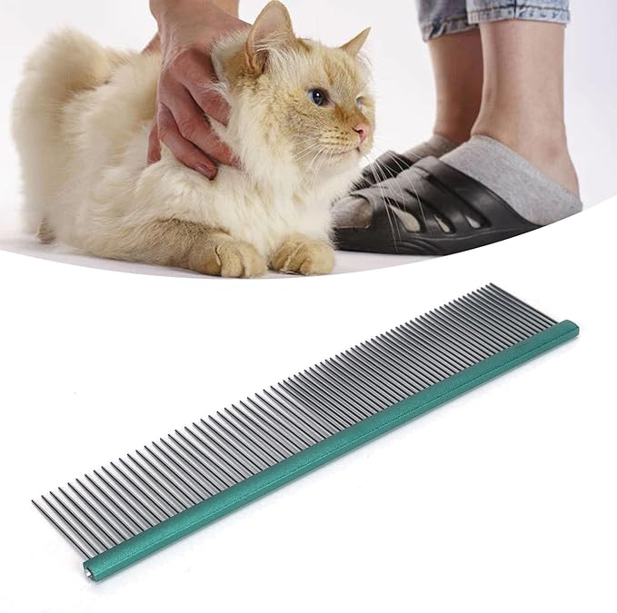 Pet Steel Comb Dogs and Cats, Professional Dog Grooming Comb For Shedding Tangles Knots, Pet Dematting Comb with Rounded Teeth and Non Slip Grip Handle for Long Haired Breeds(Green 13cm/5.1in)