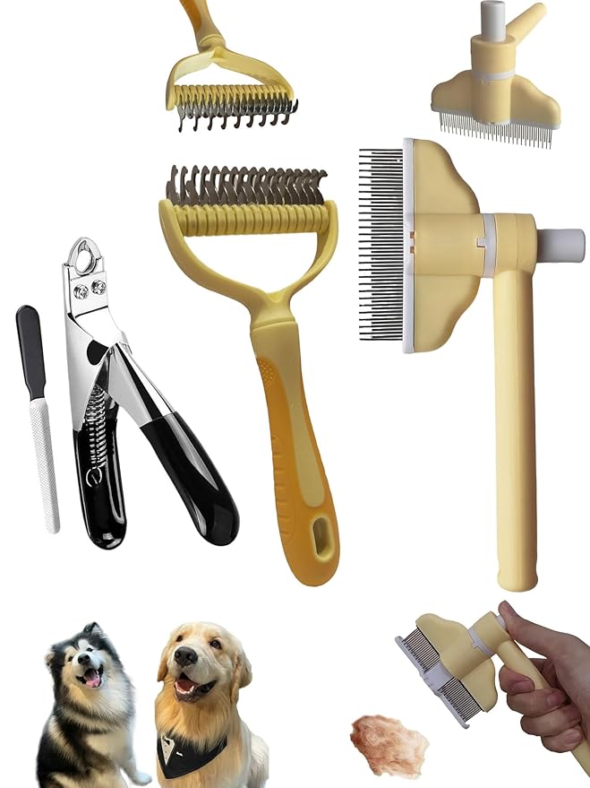 3-in-1 Pet Grooming Kit: Detangling Comb & Self-Cleaning Rotating Brush for Dogs Cats - Stainless Steel Teeth, Slicker Brush Alternative, Tangle Remover, Shedding Tool w/Dog Nail Clipper