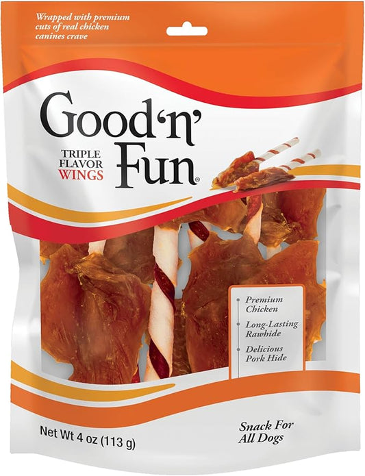 Good ‘n’ Fun Triple Flavor Wings Chews for All Dogs, 4 Ounces, Treat Your Dog to Long-Lasting Chews Made with Chicken, Beef Hide and Pork Hide