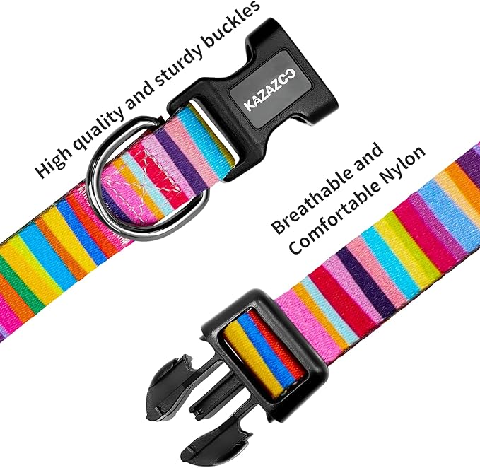 Kazazoo Dog Collar Cute and Soft Nylon Puppy Collar for Boy and Girl, Adjustable Dog Collars for Small Medium Dogs, Rainbow-M