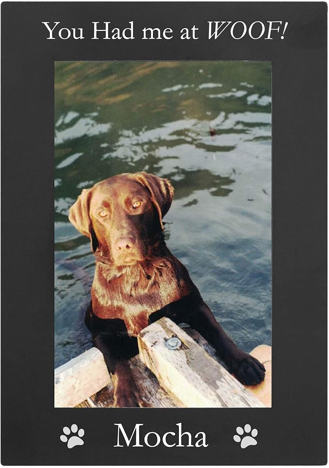 CustomGiftsNow You Had me at Woof! - Custom Dog - Engraved Anodized Aluminum Hanging/Tabletop Personlized Memorial Photo Picture Frame - Add Your Dogs Name