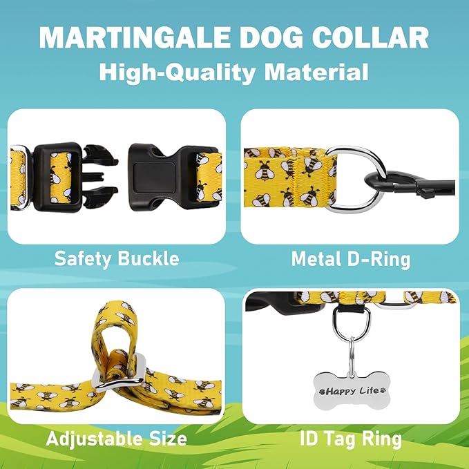 Martingale Dog Collar with Buckle Yellow Bee Dog Collar Adjustable Cute Design Patterns (Bee, Small)