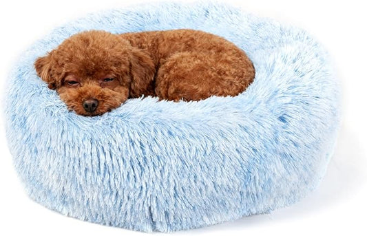 Calming Donut Dogs Beds for Small Dogs Washable,19inch Fluffy Round Puppy Bed for Puppies,Cats & Toy Breeds with Raised Rim,Fits up to 15 lbs Pets,Gradient Blue