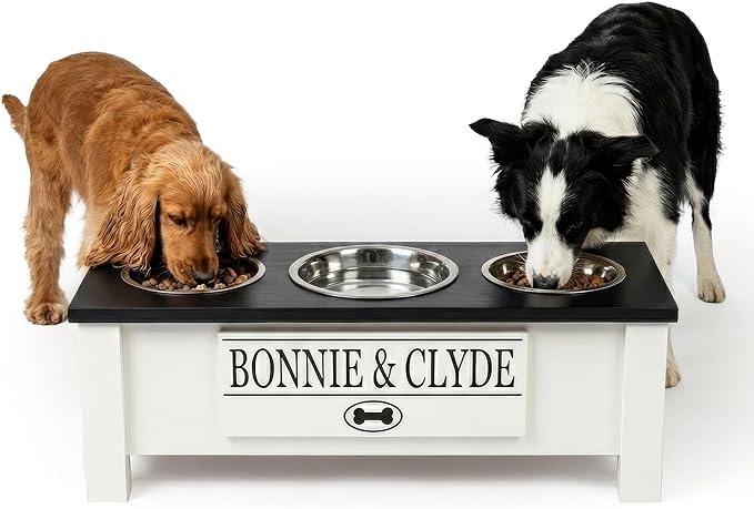 GTW Elevated 3 Bowl Dog Feeding Station - Customized Triple Stand for Medium Size Dog Breeds - Includes Storage & Stainless Steel Bowls (Medium, Black)
