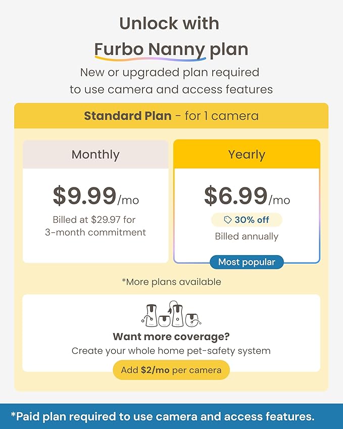 Furbo 360° Dog Camera + Mini [New Subscription Required at Setup] 2-Camera Bundle Nanny Pro Subscription: Dog Safety & Home Security Alerts, Pet Camera with Speaker, Phone App & Night Vision