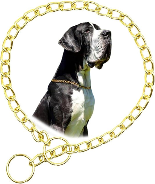 Gold Chain Dog Choker Collar, Metal Slip Link Training Heavy Duty Dog Choke Collar Martingale Puppy Collars for Small Medium Large Big XL Breed Dogs, L