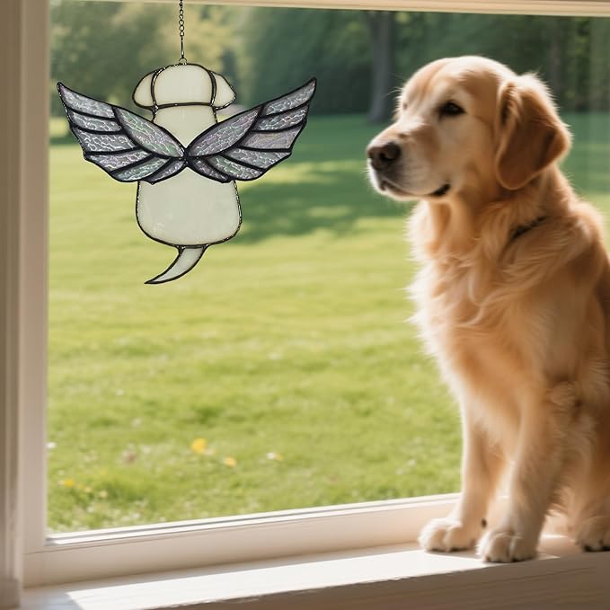 Stained Glass Rainbow Wing Angel Dog Memorial Gift for Loss of Dog Bereavement(White)
