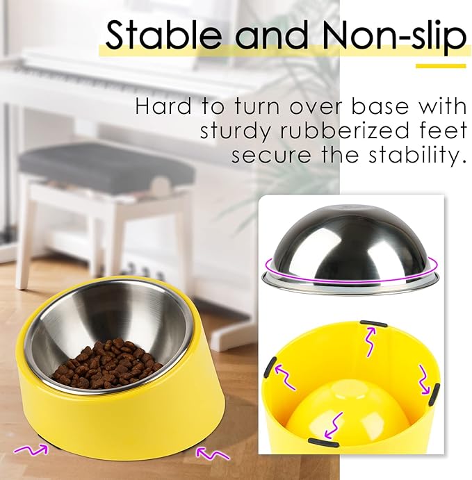 SuperDesign Mess Free 15° Slanted Bowl for Dogs and Cats, Tilted Angle Bulldog Bowl Dog Feeder, Non-Skid & Non-Spill, Easier to Reach Food S/0.5 Cup Bright Yellow
