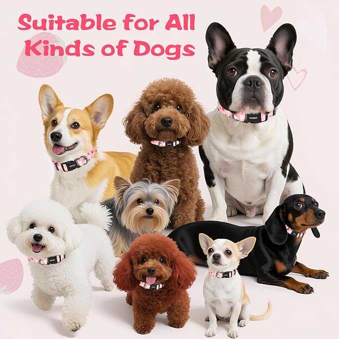 Kazazoo Dog Collar Cute and Soft Nylon Puppy Collar Girl, Adjustable Dog Collars for Small Medium Dogs, Strawberry-M