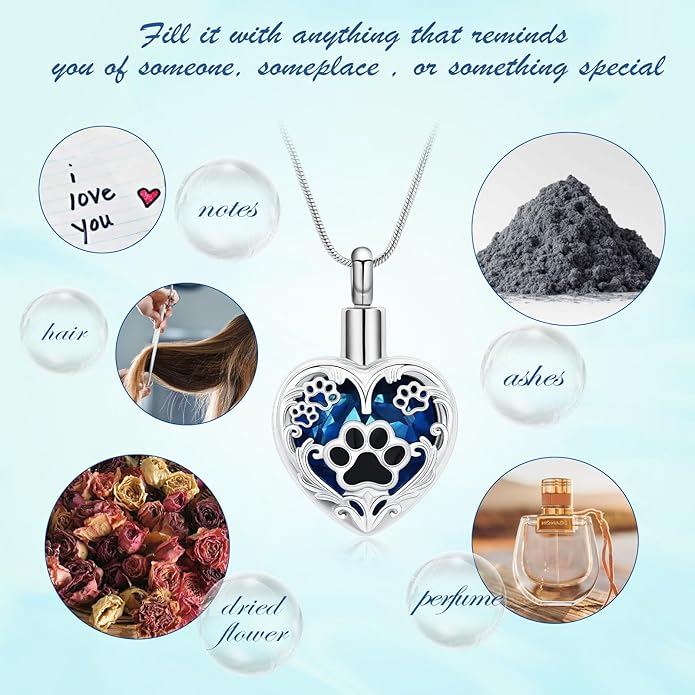 Heart Urn Necklace For Ashes Birthstone Pet Memorial Jewelry Dog Paw Print Cremation Pendant Stainless Steel Keepsake Gift For Pet Lovers