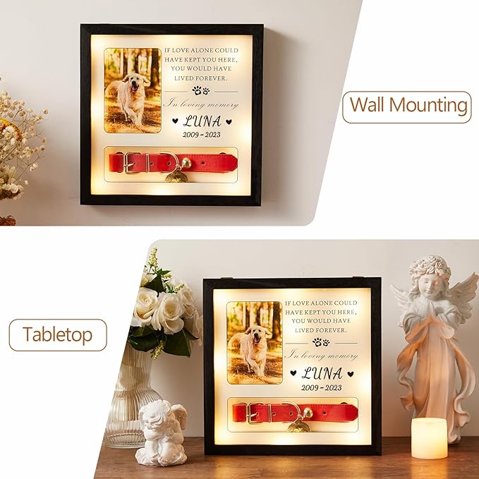 Pet Memorial Picture Frame Dog Collar Shadow Box 10"x10", Sympathy Remembrance Gift Keepsake for Loss of Dog or Cat, for Medium or Small Size Collars