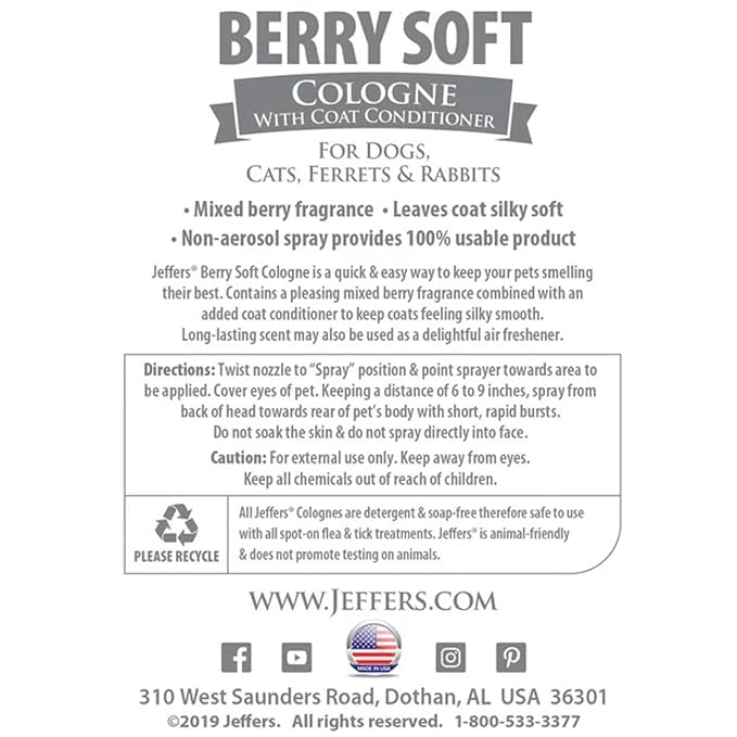 Jeffers Pet Cologne Spray with Coat Conditioner for Dogs & Cats, 16 oz - Detergent & Soap Free Grooming Fragrance Mist, Coat Deodorizer, Freshener, Safe for Pets, Salon, Home Use - Berry Soft Scent