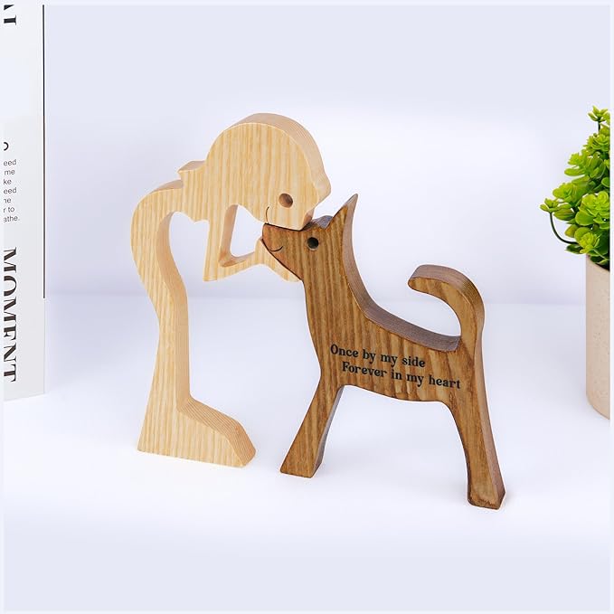 SENSUNIQ Dog Memorial Gifts, Cat Memorial Gifts, Wooden Carving Men and Dog Figura, Once by My Side Forever in My Heart - Sympathy Keepsake Dog Mom, Dog Dad for Loss of Pet (Dog and Woman)